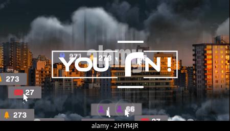 Image de vous gagnez du texte et des chiffres qui croissent sur le paysage urbain Banque D'Images