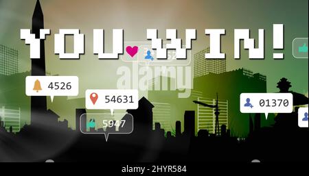 Image de vous gagnez du texte et des chiffres qui croissent sur le paysage urbain Banque D'Images