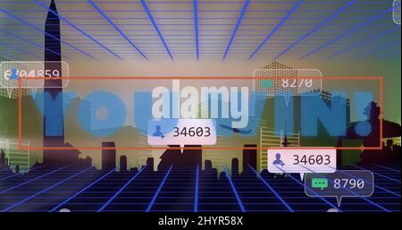 Image de vous gagnez du texte et des chiffres qui croissent sur le paysage urbain Banque D'Images