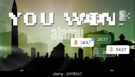 Image de vous gagnez du texte et des chiffres qui croissent sur le paysage urbain Banque D'Images