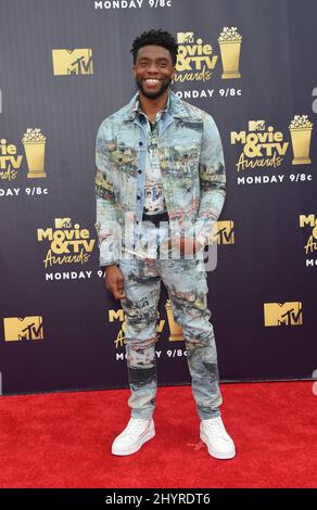 PHOTO DU DOSSIER: L'acteur de Black Panther, Chadwick Boseman, est mort après quatre ans de bataille contre le cancer du côlon, a déclaré sa famille dans une déclaration. Chadwick Boseman arrive aux MTV Movie & TV Awards 2018 qui se tiennent à Barker Hanger le 16 juin 2018 à Santa Monica, CA. Banque D'Images