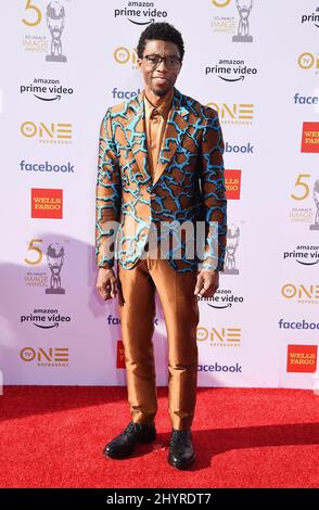 PHOTO DU DOSSIER: L'acteur de Black Panther, Chadwick Boseman, est mort après quatre ans de bataille contre le cancer du côlon, a déclaré sa famille dans une déclaration. Chadwick Boseman arrive aux NACP image Awards 50th qui se tiennent au Dolby Theatre le 30 mars 2019 à Hollywood, en Californie. Banque D'Images