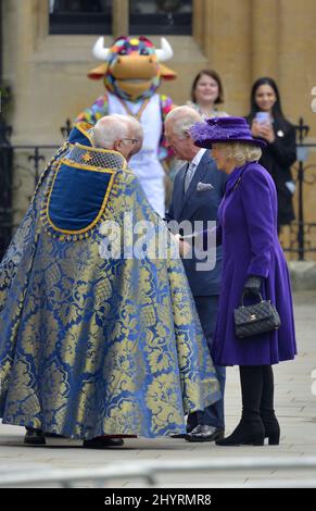 Prince Charles et Camilla / duc et duchesse de Cornwall arrivant pour le Commonwealth Service à Westminster Abbey, Londres, 14th mars 2022. Banque D'Images