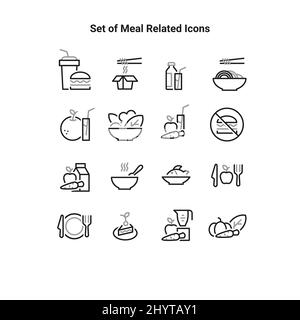 Ensemble simple d'icônes de ligne vectorielle liées aux repas. Contient des icônes telles que le panier de fruits, les smoothies sains et plus encore. Illustration de Vecteur