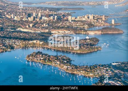 Vue aérienne de Sydney depuis une fenêtre d'avion. Banque D'Images