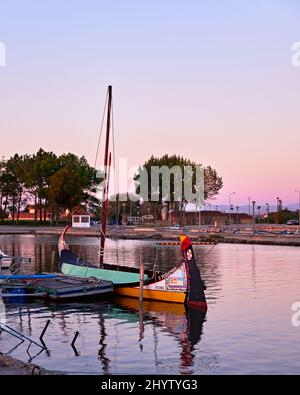 Vue sur les bateaux Moliceiro amarrés dans le centre d'Aveiro, Portugal Banque D'Images