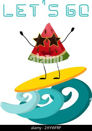Pastèque joyeuse sur planche de surf. Illustration de la mer d'été. Illustration de Vecteur