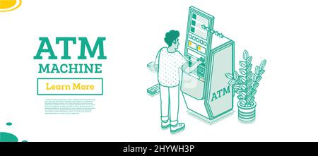 Retrait d'homme espèces dans un distributeur automatique de billets moderne isolé sur blanc. Concept métier isométrique. Illustration vectorielle. Écran tactile avec interface utilisateur. Illustration de Vecteur