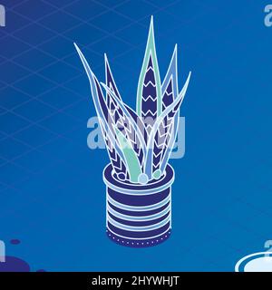 Sansevieria isométrique. Maison sur fond bleu. Plante de serpent en pot. Illustration vectorielle. Maison tropicale moderne. Illustration de Vecteur