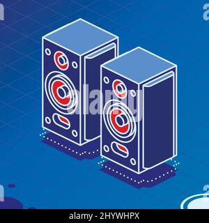 Haut-parleurs acoustiques stéréo isométriques. Illustration vectorielle. Style de contour. Système sonore sur fond bleu. Icône de haut-parleur. Illustration de Vecteur