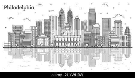 Contour Philadelphia Pennsylvania City Skyline avec bâtiments historiques modernes et réflexions isolées sur le blanc. Illustration vectorielle. Philadelphie. Illustration de Vecteur