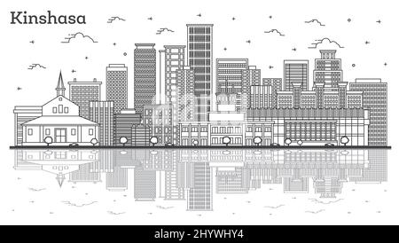 Frontières Kinshasa Congo Skyline avec bâtiments modernes et réflexions isolées sur blanc. Illustration vectorielle. Kinshasa Afrique CityScape. Illustration de Vecteur