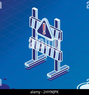 Panneau de barrière d'avertissement de route avec rayures sur fond bleu. Objet isométrique 3D. Illustration vectorielle. Illustration de Vecteur