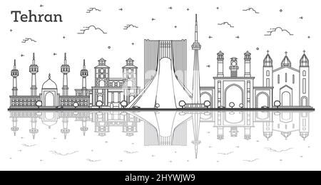 Outline Teheran Iran City Skyline avec bâtiments historiques et réflexions isolées sur le blanc. Illustration vectorielle. Teheran Persia Cityscape. Illustration de Vecteur