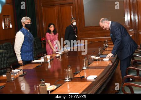 New Delhi, Inde. 14th mars 2022. Président du Parlement autrichien Wolfgang Sobotka et Mme Christine Schwarz-Fuchs Présidente du Conseil fédéral de la République Autriche avec délégué parlementaire autrichien appel au ministre indien des Affaires extérieures S. Jaishankar à l'édifice du Sud à New Delhi, Inde, le 14 mars 2022. (Photo de Ravi Batra/Sipa USA) crédit: SIPA USA/Alay Live News Banque D'Images