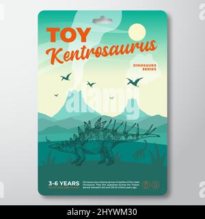 Modèle d'étiquette de dinosaure de jouet. Résumé Vector Packaging Design Layout. Typographie moderne avec paysage de volcan préhistorique et Kentrosaurus dessiné à la main Illustration de Vecteur