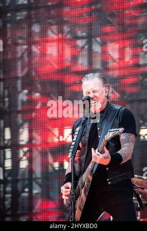 James Hetfield chanteur du groupe de métal Metallica photographié le 9 juillet 2019 au stade Ullevi, Göteborg, Suède Banque D'Images