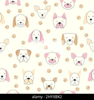 Motif puéril sans couture avec visages pour chiens.Fond de pépinière créatif.Idéal pour les enfants : design, tissu, emballage, papier peint, textile,vêtements Illustration de Vecteur