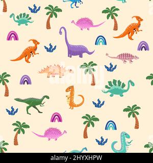 Dinosaures et plantes tropicales mignons. Motif dino amusant sans couture. Joli motif dinosaures sans couture dessiné à la main. Motif enfant avec dinos, arcs-en-ciel Illustration de Vecteur