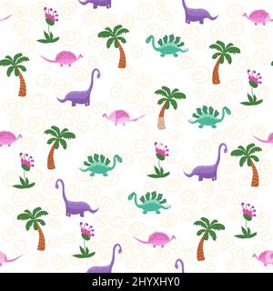 Dinosaures et plantes tropicales mignons. Motif dino amusant sans couture. Joli motif dinosaures sans couture dessiné à la main. Motif enfant avec dinos, arcs-en-ciel Illustration de Vecteur