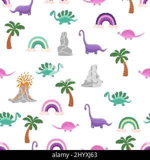 Dinosaures et plantes tropicales mignons. Motif dino amusant sans couture. Joli motif dinosaures sans couture dessiné à la main. Motif enfant avec dinos, arcs-en-ciel Illustration de Vecteur