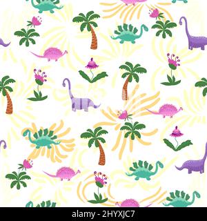 Dinosaures et plantes tropicales mignons. Motif dino amusant sans couture. Joli motif dinosaures sans couture dessiné à la main. Motif enfant avec dinos, arcs-en-ciel Illustration de Vecteur