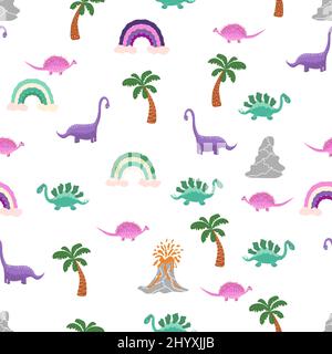 Dinosaures et plantes tropicales mignons. Motif dino amusant sans couture. Joli motif dinosaures sans couture dessiné à la main. Motif enfant avec dinos, arcs-en-ciel Illustration de Vecteur