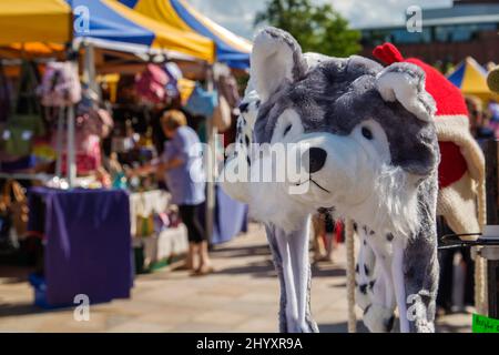Un acheteur regarde les marchandises sur un marché typique du dimanche en Angleterre. Au premier plan, un chapeau de fantaisie inspiré des animaux est à l'avant-plan. Banque D'Images