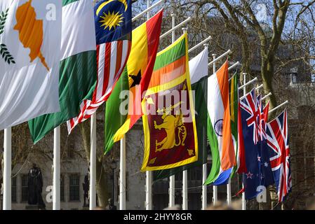 Londres, Angleterre, Royaume-Uni. Drapeaux des pays du Commonwealth autour de la place du Parlement pour marquer la Journée du Commonwealth 14th mars 2022 Banque D'Images