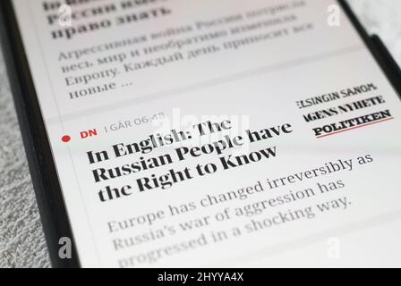 Le journal suédois Dagens Nyheter est en train de commencer une collaboration avec plusieurs journaux nordiques pour publier des nouvelles en russe sur la guerre en Ukraine, écrit le journal sur sa page d'informations. Banque D'Images