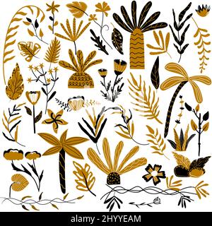 Grande collection de feuilles tropicales et de palmiers. Feuilles de palmier, fleurs, feuillage botanique pour votre conception. Illustration vectorielle. Illustration de Vecteur