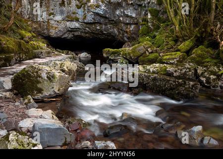 Porth Ogyr la plus grande entrée de grotte du pays de Galles, située dans les Brecon Beacons près du village d'Ystradfellte, au sud du pays de Galles, au Royaume-Uni Banque D'Images