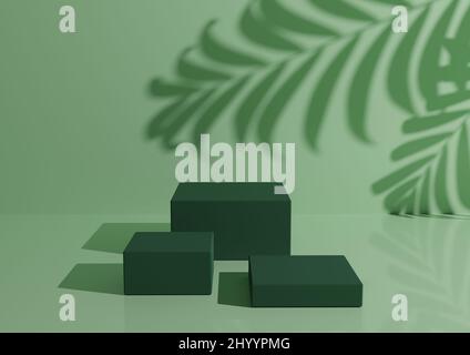 Trois podiums ou supports vert foncé sur fond vert pastel pour l'affichage du produit. Composition minimaliste pour la photographie de produit 3D rendu maquette. Banque D'Images