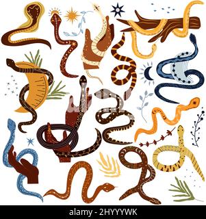 Serpent mystique de boho. Ensemble de serpent, feuilles, fleurs, serpent enroulé autour de la main et de la lune. Sorcellerie et Ouest sauvage. Mystérieux serpents. Illustration vectorielle. Illustration de Vecteur