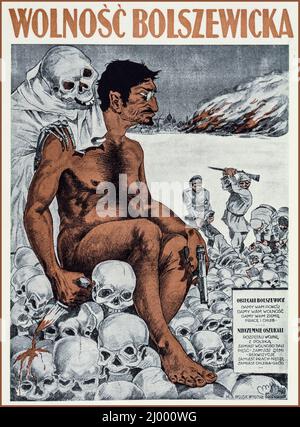 Affiche de propagande vintage 1920 Trotsky dépeint par la propagande polonaise (1920) comme un bolchevik imprégné de sang pendant la guerre russo-polonaise de 1920. Affiche anti-communiste du gouvernement polonais pour contrer la propagande bolchevique de la Russie pendant la guerre entre la Pologne et la Russie 1920 Banque D'Images