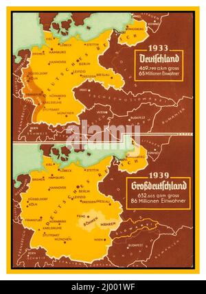 CARTE Allemagne nazie 1930s carte de propagande nazie d'époque carte illustrant (haut) 1933 Allemagne et (bas) 1939 Grande Allemagne, avec l'annexion de l'Autriche et l'occupation de la Tchécoslovaquie Reich allemand nazi 1939 sous Adolf Hitler Reich allemand / Allemagne nazie (1933-1945) Banque D'Images
