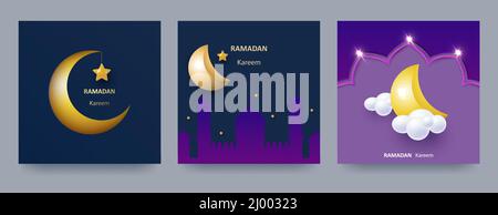 Ramadan Kareem affiche ou invitation set avec mosquées islamiques découpées en papier 3d, étoiles et croissant de lune sur fond bleu et clair. Illustration de Vecteur