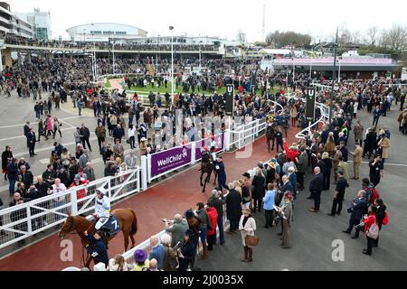 Les chevaux vont poster avant le Sporting Life Arkle Challenge Trophée novices' Chase pendant la première journée du Cheltenham Festival à Cheltenham Racecourse. Date de la photo: Mardi 15 mars 2022. Banque D'Images