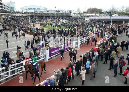 Les chevaux vont poster avant le Sporting Life Arkle Challenge Trophée novices' Chase pendant la première journée du Cheltenham Festival à Cheltenham Racecourse. Date de la photo: Mardi 15 mars 2022. Banque D'Images