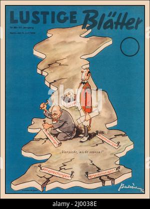 Allemagne nazie 1942 propagande WW2 Illustration en couleur du Premier ministre Winston Churchill montrant un correctif de la carte des îles britanniques avec des patchs intitulés « promesses ». Titre principal 'attention ne pas déranger' Seconde Guerre mondiale Seconde Guerre mondiale Berlin Allemagne nazie Banque D'Images