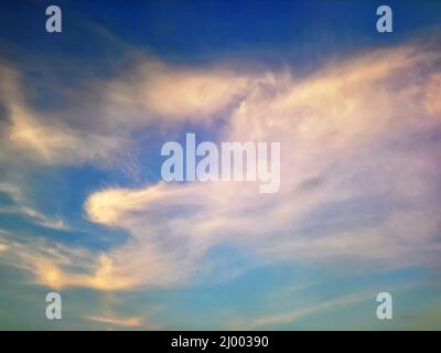 De magnifiques nuages de lumière blanche dans le ciel bleu. Ciel paisible au-dessus, aube paisible Banque D'Images