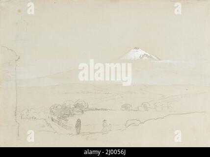 Vue à distance de l'Etna. Thomas Cole (Angleterre, Lancashire, Bolton-le-Moor, États-Unis actifs, 1801-1848). États-Unis, 1842. Mises en plan. Gouache de graphite et de blanc sur papier gris-vert Banque D'Images