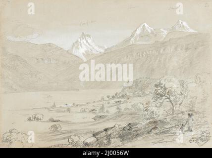 Paysage avec Jungfrau. Thomas Cole (Angleterre, Lancashire, Bolton-le-Moor, États-Unis actifs, 1801-1848). États-Unis, 1841. Mises en plan. Gouache de graphite et de blanc sur papier gris-vert Banque D'Images