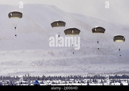 Fort Greely, États-Unis. 11 mars 2022. Les parachutistes de l'armée canadienne et des États-Unis parachutent au cours d'une opération d'entrée forcée conjointe faisant partie de l'exercice Arctic Edge dans la zone de la chute de Donnelly le 11 mars 2022 à fort Greely, en Alaska. Crédit : John Pennell/États-Unis Armée/Alamy Live News Banque D'Images