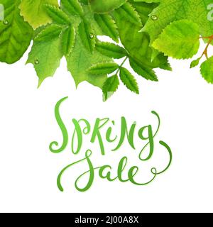 Étiquette de solde de printemps avec feuilles vertes fraîches Illustration de Vecteur