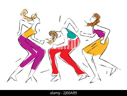 Trois filles dansantes, une fête dansante folle sauvage, dessin animé d'art de ligne. Illustration expressive des danseurs. Mise en plan de ligne continue. Illustration de Vecteur