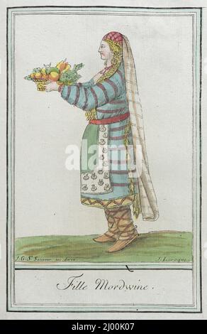 Déguisements de différents pays, « Fille Mordwine ». L. F. Labrousse (France, Bordeaux, actif fin du siècle 18th)Jacques Grasset de Saint-Sauveur (France, 1757-1810). France, vers 1797. Gravures; gravures. Gravure sur papier teintée à la main Banque D'Images