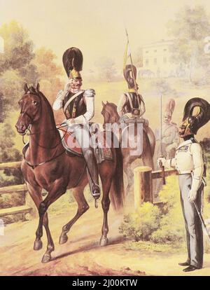 Officier d'état-major, soldats et trompettiste de la division Cuirassier de 1st de l'armée russe. Peinture de 1840. Banque D'Images