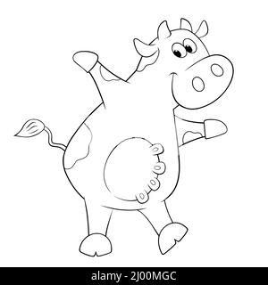 jolie vache à l'air heureux, avec des pis et debout sur les pattes arrière, personnage de dessin animé animal de ferme pour le livre de coloriage pour les enfants Banque D'Images