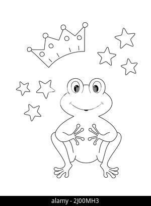 mignon dessin animé grenouille, une couronne et des étoiles, simple dessin d'une page de coloriage pour les enfants Banque D'Images